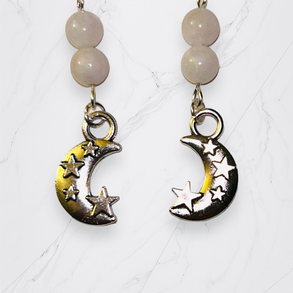 Hand Crafted Earrings Moonstone Moon & Star Dangle Pierced Silver White - Picture 1 of 9